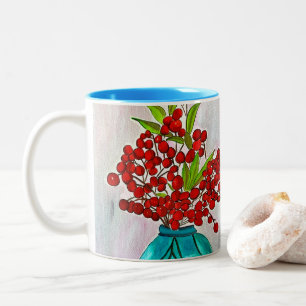 Taza Bicolor Navidades rojos Berries acuarela arte fino