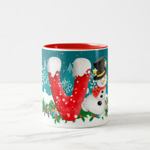 Taza Bicolor Navidades Snowman Letra inicial Monograma Mug
