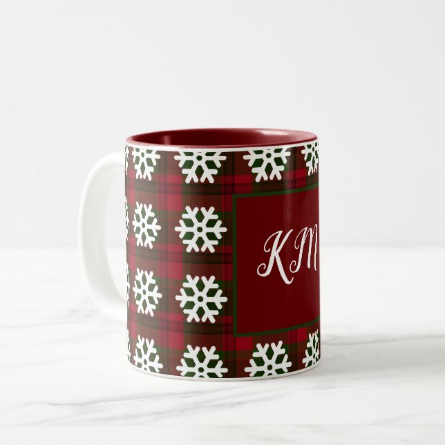 Taza Bicolor Navidades Tartan Monogram Snowflake Red Green (Anverso izquierdo)