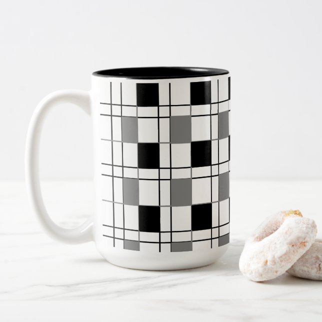 Taza Bicolor Negro Blanco Gris Cuadros  (Con donut)