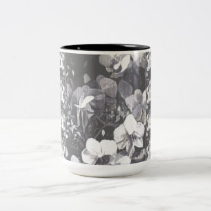 Taza Bicolor Negro, blanco, gris, floral multi del grano de la