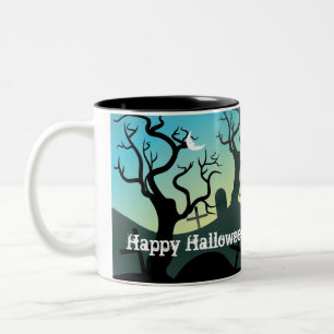 Taza Bicolor Negro cementerio, aqua, amarillo Halloween persona