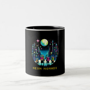 Taza Bicolor Neon Nomads - Cyberpunk Pixel Art Travel Design