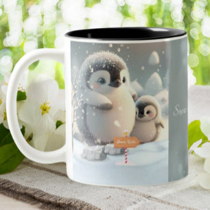 Taza Bicolor Nieve pingüina y madre de bebé personalizada