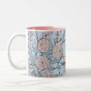 Taza Bicolor Nieves rosadas de estilo asiático y Rosas sobre az