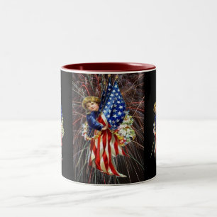 Taza Bicolor Niño patriótico vintage y fuegos artificiales