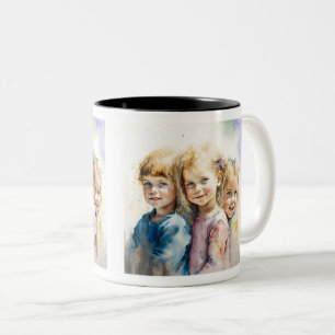 Taza Bicolor Niños de acuarela Mug de dos tonos, 11 onzas