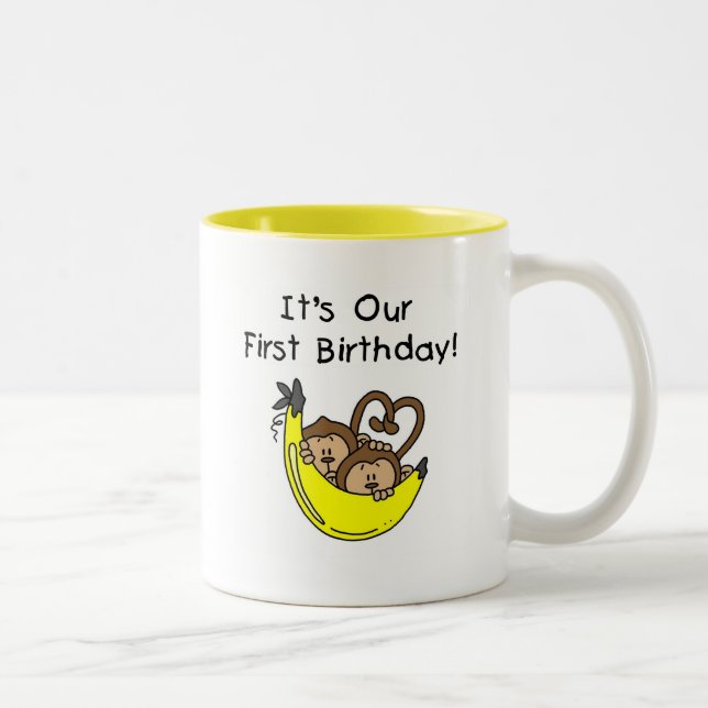 Taza Bicolor Niños gemelos primer cumpleaños camisetas de mono  (Derecha)