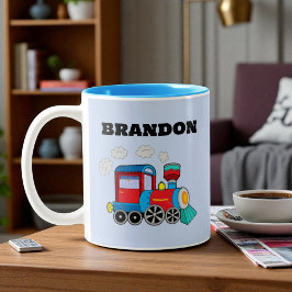 Taza Bicolor Niños Tren Niños Nombre personalizado azul