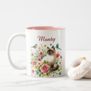 Taza Bicolor Nombre de guión de retrato de gato mascota acuarel