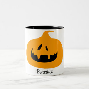 Taza Bicolor Nombre de la cara de calabaza simple de Halloween