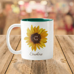 Taza Bicolor Nombre de monograma de girasol de color agua<br><div class="desc">Este diseño presenta una hermosa imagen pintada de girasol con espacio para un monograma en el centro y un nombre/texto debajo. Haga clic en el botón personalizar para obtener más flexibilidad al mover/escalar las imágenes y modificar el texto. En nuestra tienda, zazzle.com/store/doodlelulu, podrá encontrar variantes de este diseño, colores adicionales...</div>