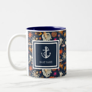 Taza Bicolor Nombre del barco Navy Blue Sealife Anchor Náutico