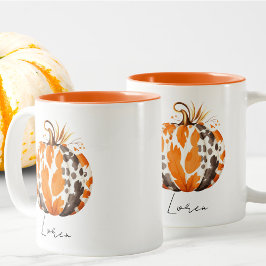 Taza Bicolor Nombre editable Cute Naranja Cosecha de calabaza C