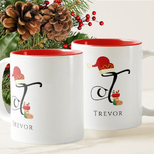 Taza Bicolor Nombre elegante inicial Navidades de letra T moder