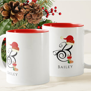 Taza Bicolor Nombre elegante Letra inicial manuscrita B Navidad