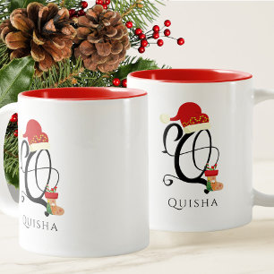 Taza Bicolor Nombre Moderno Script Monograma Letra Q Navidades