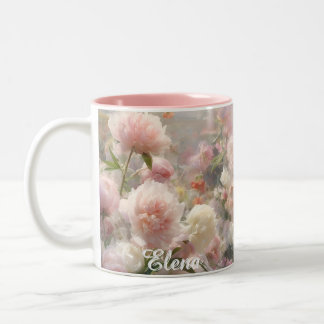 Taza Bicolor Nombre Peonías Rosadas y Blancas Pintura Acuarela