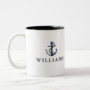 Taza Bicolor Nombre Personalizado Ancla de Barco Náutico Azul M