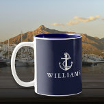 Taza Bicolor Nombre personalizado azul marino Nautical Boat Anc<br><div class="desc">Elegante y elegante diseño náutico con ancla de barco y personalizado con tu nombre en un fondo azul marino. Diseñado por Thisisnotme©</div>