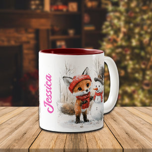 Taza Bicolor Nombre personalizado Bebé Fox y Snowman
