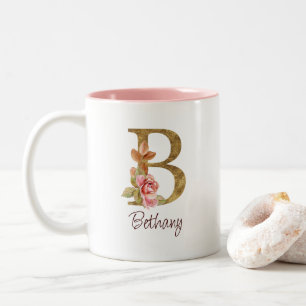 Taza Bicolor Nombre personalizado Blush rosas rosadas hoja dora