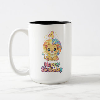 Taza Bicolor Nombre personalizado Cumpleaños 4 Cute Lion