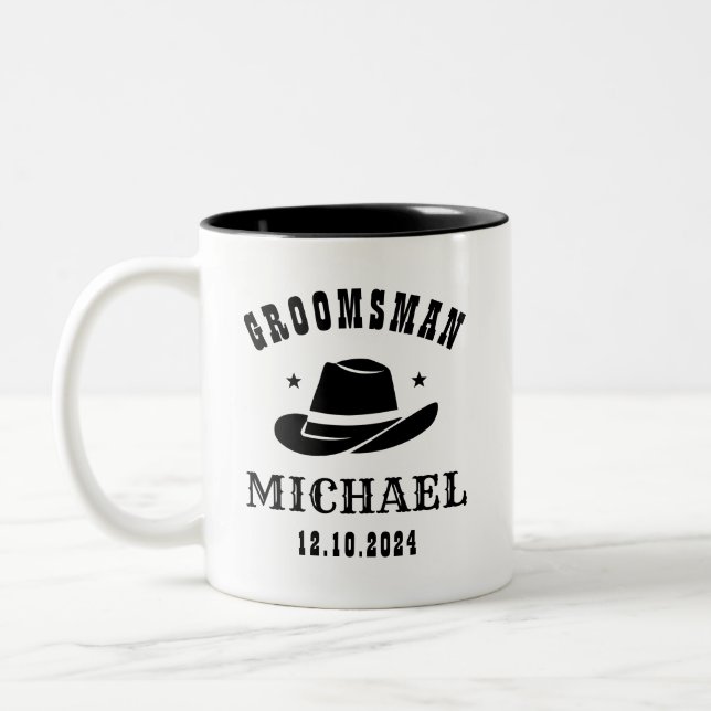 Taza Bicolor Nombre personalizado de Groomsmen, Gorra de Cowboy (Izquierda)