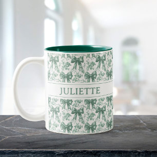 Taza Bicolor Nombre personalizado Elegante Vintage Floral Green