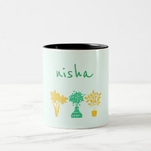 Taza Bicolor nombre personalizado floral verde y amarillo lindo