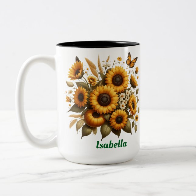 Taza Bicolor Nombre personalizado, girasoles café de dos tonos, (Izquierda)