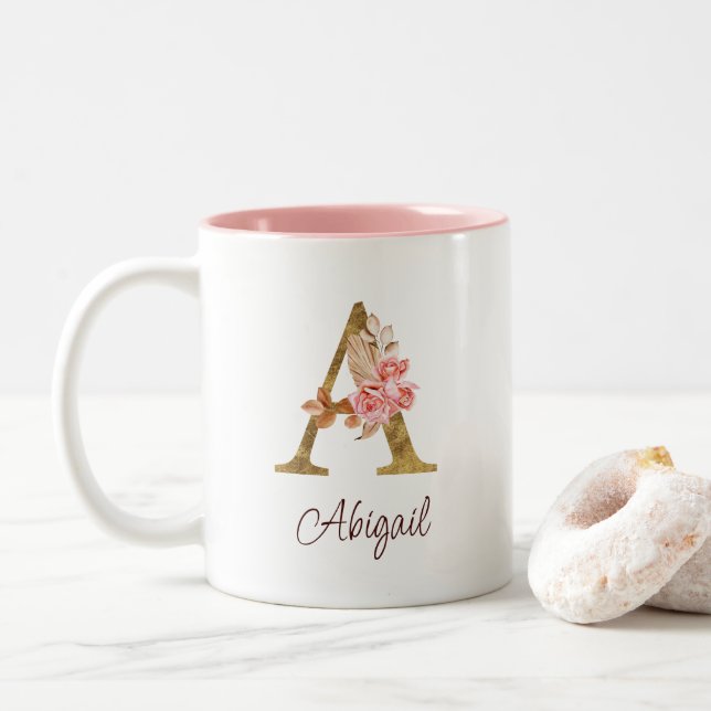 Taza Bicolor Nombre personalizado lámina dorada rosas rosadas l (Con donut)