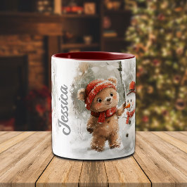 Taza Bicolor Nombre personalizado Oso de Teddy y Snowman