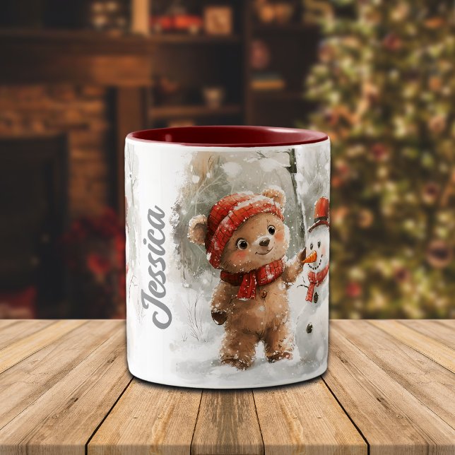 Taza Bicolor Nombre personalizado Oso de Teddy y Snowman (Subido por el creador)