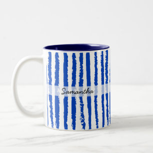 Taza Bicolor Nombre personalizado Preppy Azul Rayado 