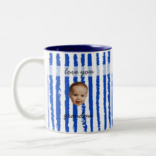 Taza Bicolor Nombre personalizado Preppy Azul Rayado Foto de Ca