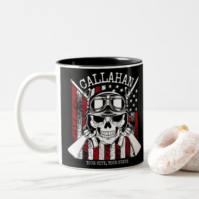 Taza Bicolor Nombre personalizado Soldado Cráneo Pistolas Doble (Con donut)