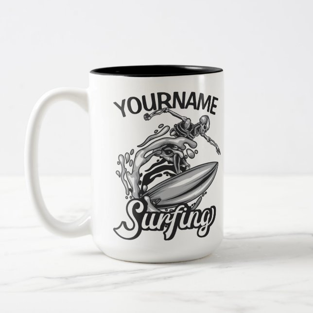 Taza Bicolor NOMBRE Personalizado Surfista Big Wave Skeleton Su (Izquierda)