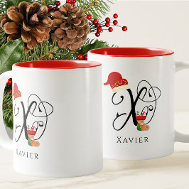 Taza Bicolor Nombre X inicial Navidades elegantes de escritura 