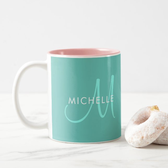 Taza Bicolor Nombres personalizados Plantilla Verde azulada de  (Con donut)