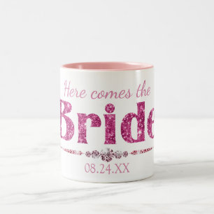 Taza Bicolor Novia de Purpurina Rosa Brillante y Diamantes