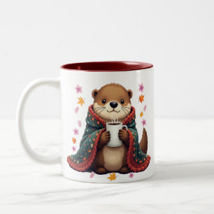 Taza Bicolor Nutria Acogedora - Nutria en Manta con Café y Otoñ
