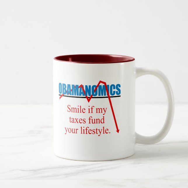 Taza Bicolor Obamanomics - sonrisa si mis impuestos financian (Derecha)