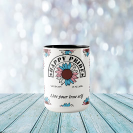 Taza Bicolor Orgullo feliz LGBTQ: Girasol en colores transgéner