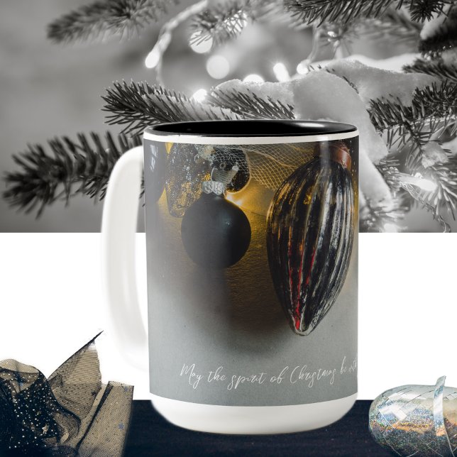 Taza Bicolor Ornamentos de Navidad Retro Gris Negro (Subido por el creador)