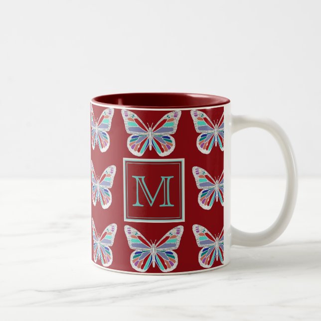 Taza Bicolor Ornate Butterflies Burgundy Pattern Monogram (Derecha)