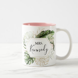 Taza Bicolor Oro Geométrico Tropical Green Mrs New Bride