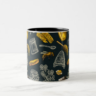 Taza Bicolor Oscuro Abeja Beehive Amarillo Vintage Natural