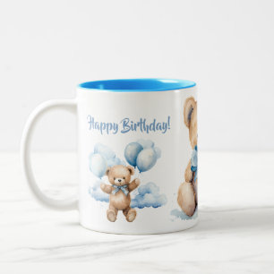 Taza Bicolor Oso de peluche y nubes de acuarela Feliz Cumpleaño