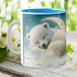 Taza Bicolor Oso polar lindo durmiendo en la luna personalizado